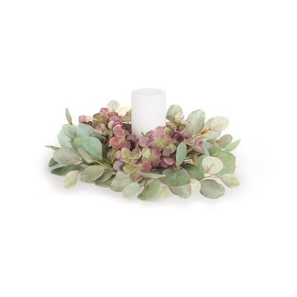 Melrose International Melrose International 74514DS 13.75 in. Polyester Hydrangea & Eucalyptus Candle Ring for 4.5 in. Candle - Set of 4 74514